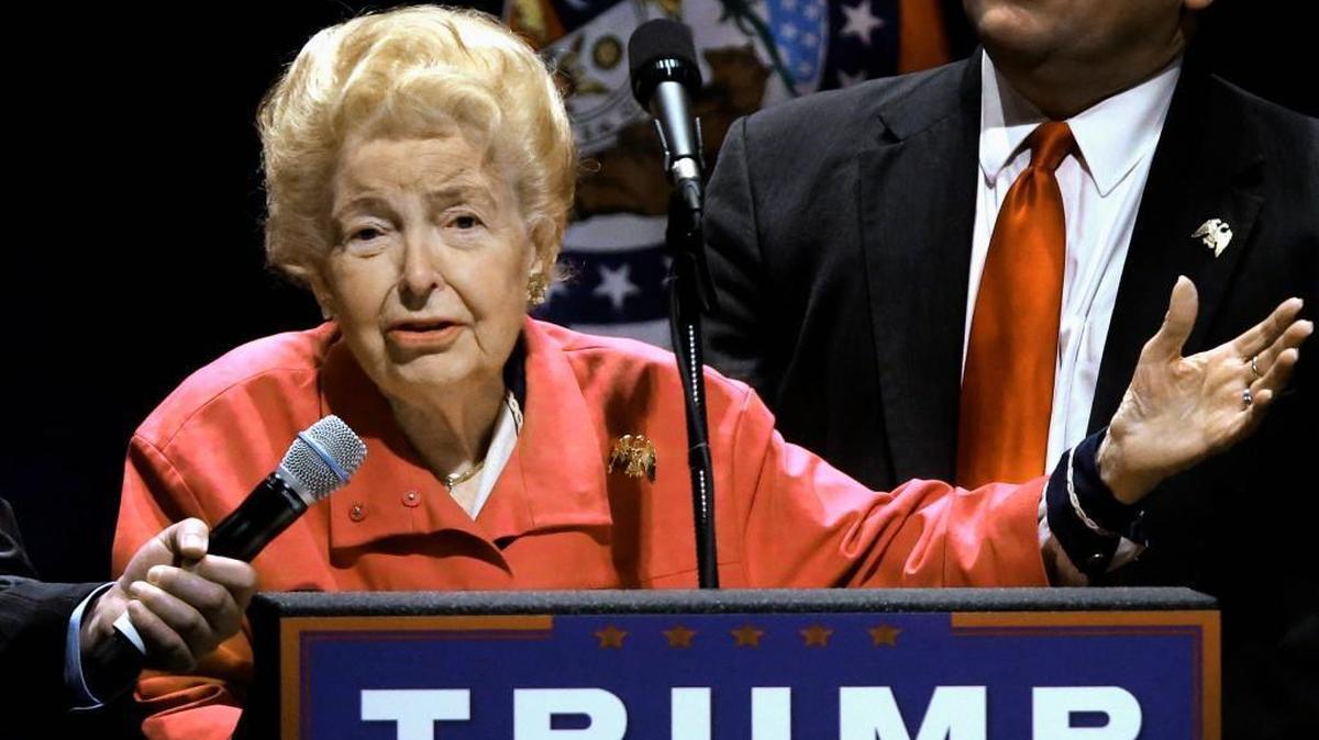 In this March 11 photo, longtime conservative activist Phyllis Schlafly, 91, endorsed Republican presidential candidate Donald Trump before Trump began speaking at a campaign rally in St. Louis.