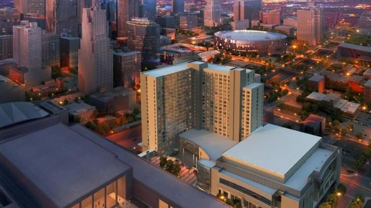 An aerial rendering shows the planned convention hotel in downtown Kansas City.