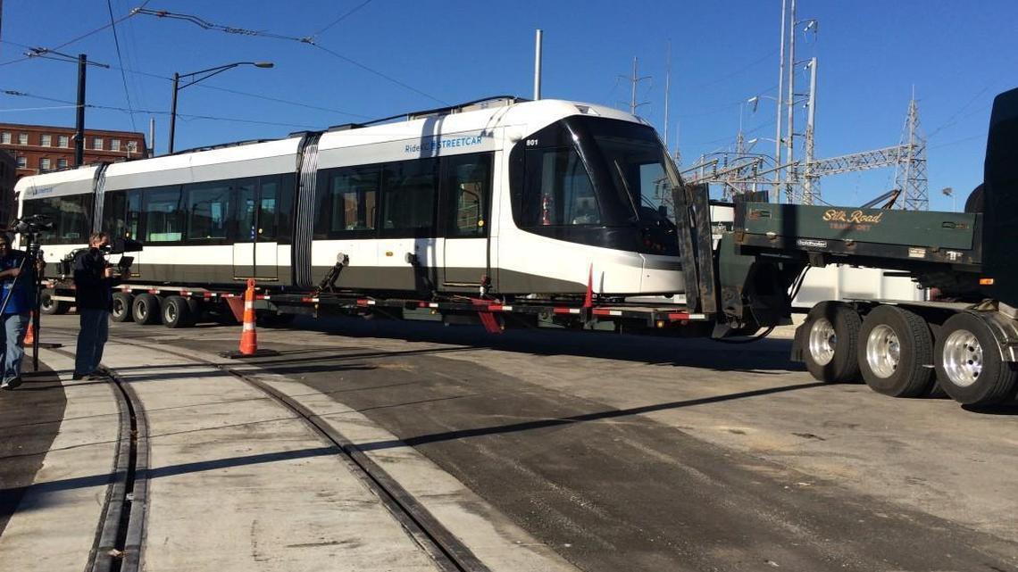 Kansas City welcomed its first streetcar vehicle to town Monday.