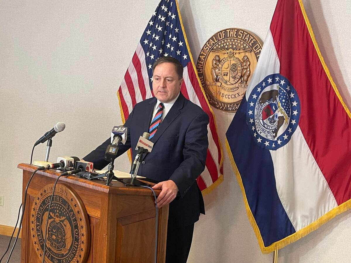 Missouri Secretary of State Jay Ashcroft speaks with reporters in Jefferson City on Jan. 23, 2024.