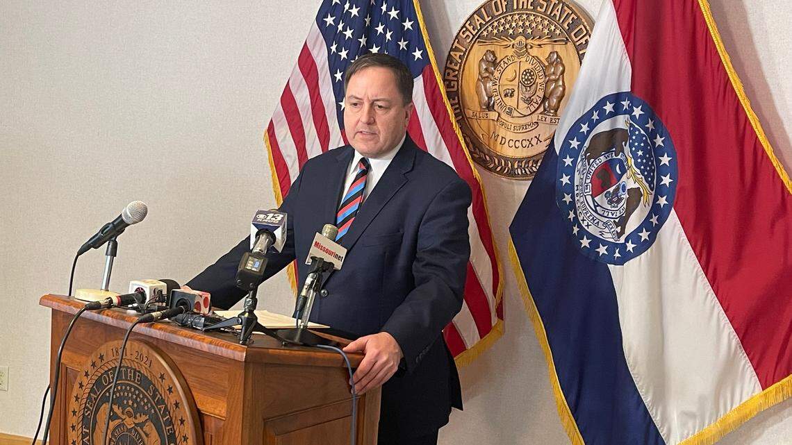 Missouri Secretary of State Jay Ashcroft speaks with reporters in Jefferson City on Jan. 23, 2024.