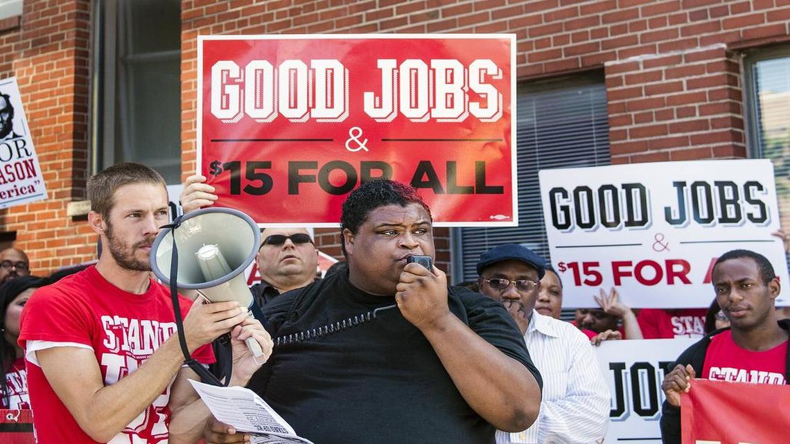
Andrew McConnell spoke during a rally Sept. 10 in Westport that sought a minimum wage of $15 an hour.
