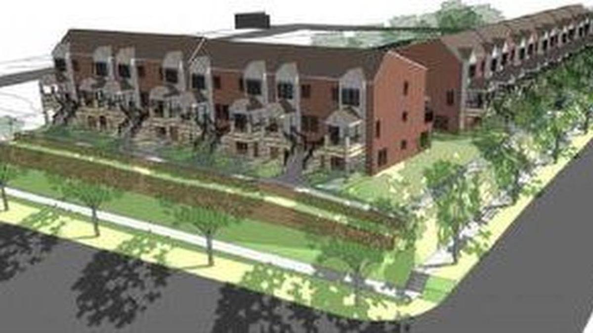 
An artist’s rendering of Rose Hill Townhomes, looking southwest from Admiral Boulevard
