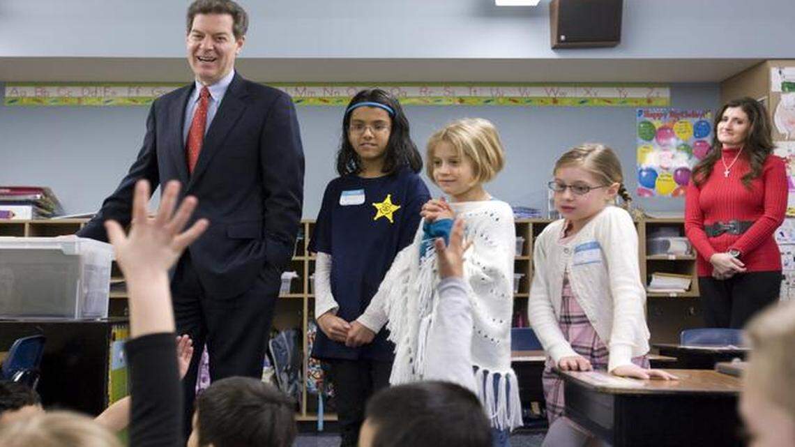 
Teacher groups in Kansas have promised to be politically active this election year, especially with Republican Gov. Sam Brownback (above, visiting an elementary school in Mission) seeking a second term. Some teachers are upset that, although the Legislature added millions for schools, it also tacked on policies promoting school choice with tax credits and eliminating a tenure-like job protection for teachers that had been on the books more than 50 years. 
