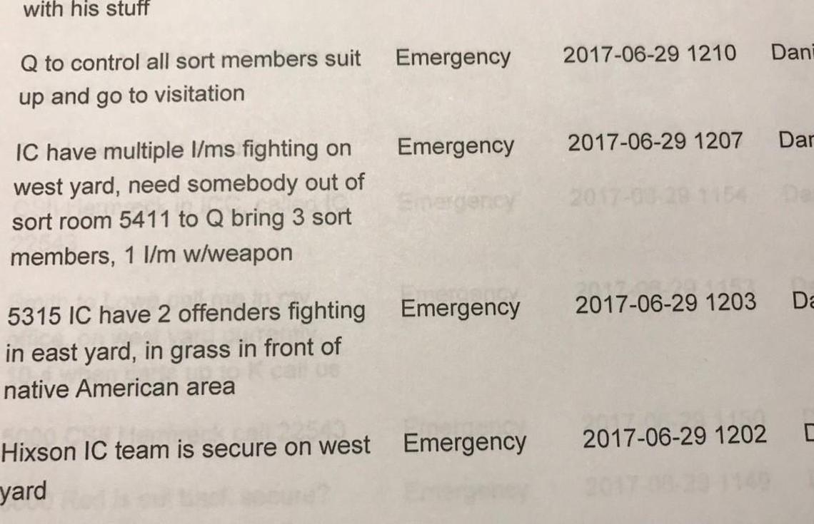 The emergency log from the day of an incident at El Dorado prison shows inmates were fighting. One inmate had a weapon, according to the log. KDOC’s official statement after the incident said inmates did not engage in violence or obtain a weapon.