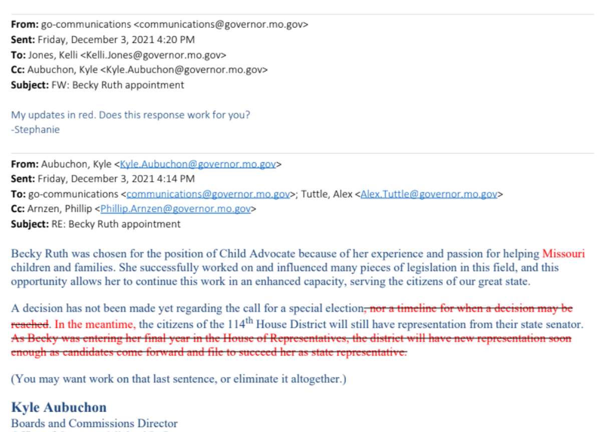 An email exchange among staffers of Gov. Mike Parson about answering questions regarding a vacancy in the Missouri House.