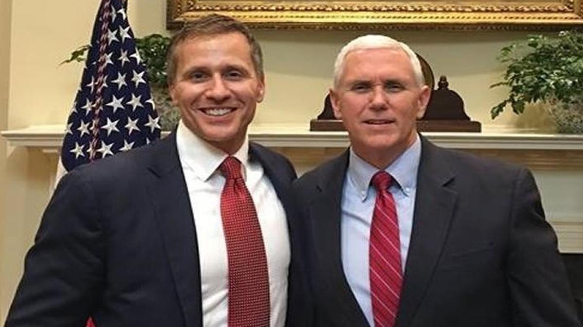 Gov. Eric Greitens (left) and Vice President Mike Pence posed for a photo on Monday.