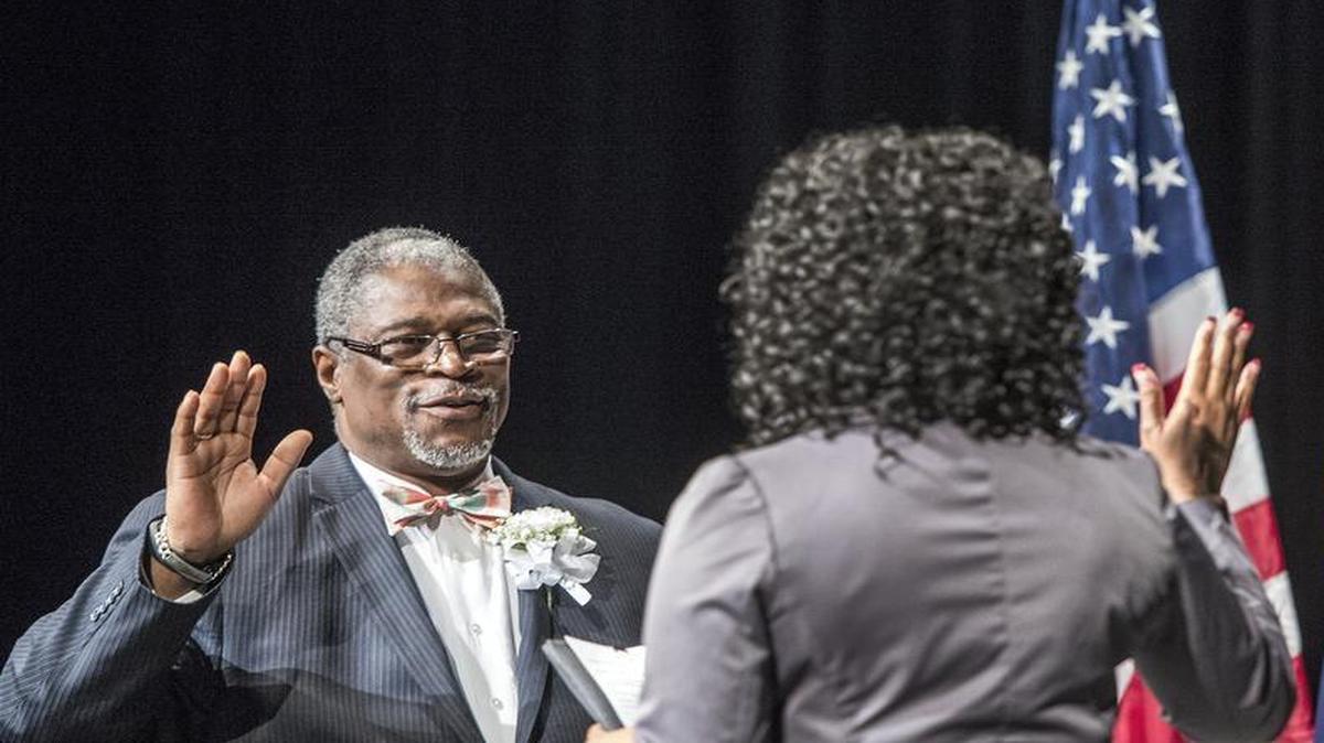 
Sly James was sworn in for a second term as Kansas City mayor by City Clerk Marilyn Sanders on Saturday at the Gem Theater, 1615 E. 18th St. 
