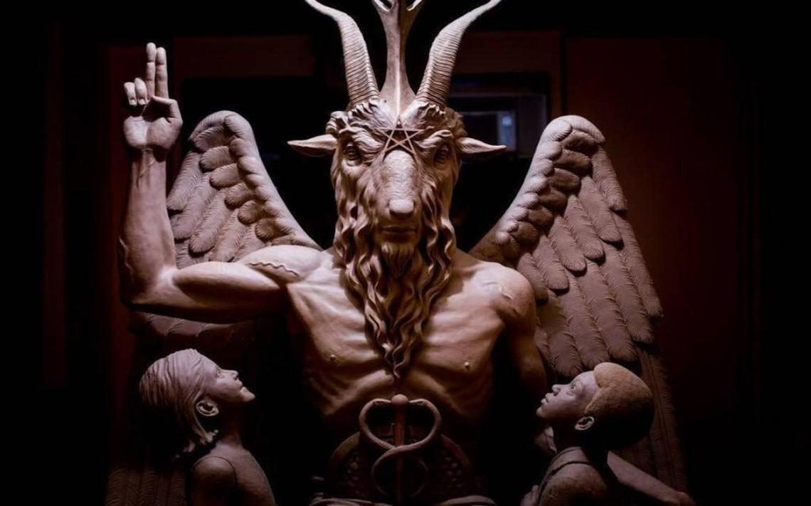 This 2014 photo provided by the Satanic Temple shows a bronze Baphomet, which depicts Satan as a goat-headed figure.