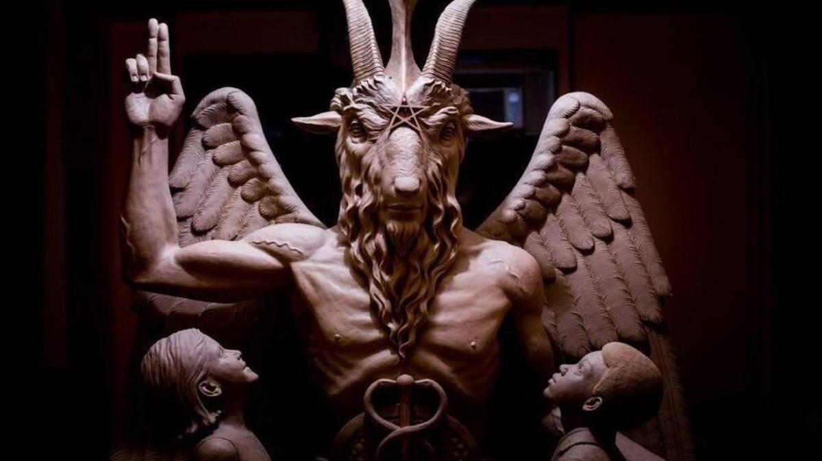 This 2014 photo provided by the Satanic Temple shows a bronze Baphomet, which depicts Satan as a goat-headed figure.