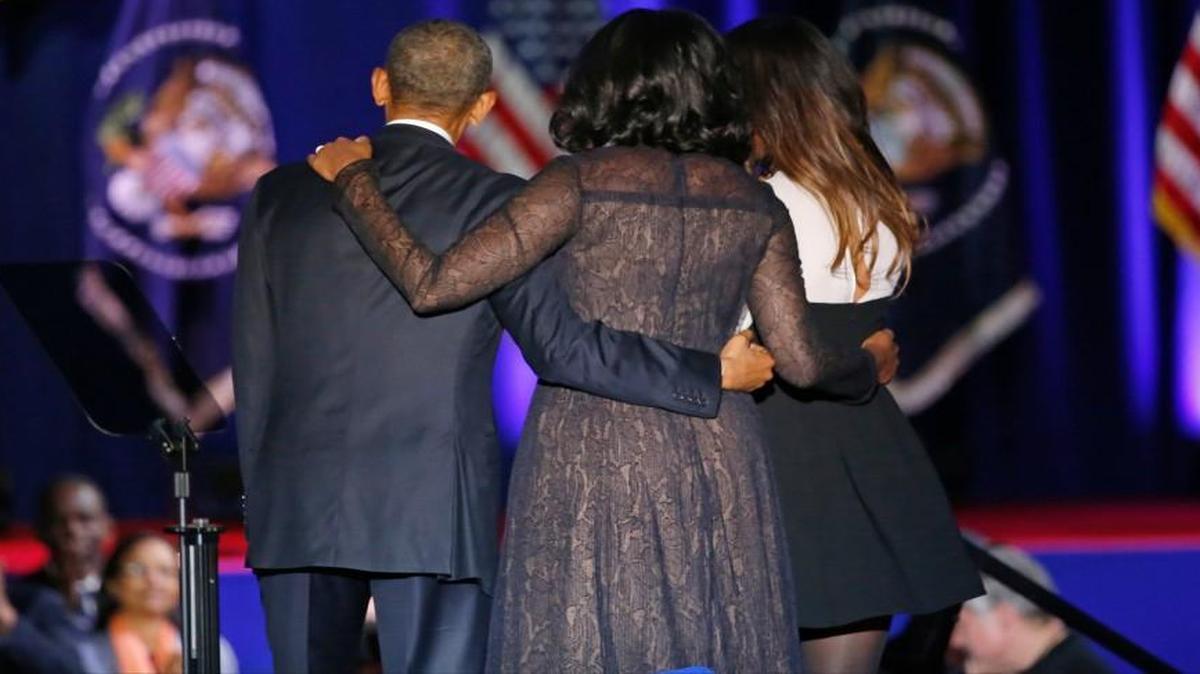 President Barack Obama was joined by first lady Michelle Obama and his eldest daughter, Malia, after giving his farewell address Tuesday night at McCormick Place in Chicago.
