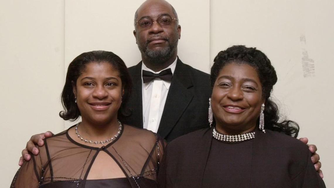 Among the 14 family members who escorted Sen. Mary Groves Bland (right) to Missouri Gov. Bob Holden’s Inaugural Ball in 2001 were daughter Arletha Manlove (left) and son Rodney Bland (center).