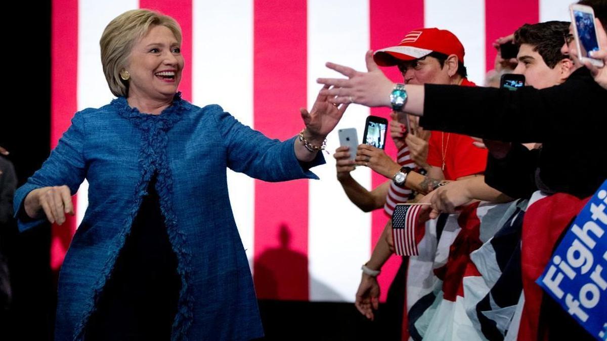 Democratic presidential candidate Hillary Clinton arrived to a cheering crowd at an election night event Tuesday at the Palm Beach County Convention Center in West Palm Beach, Fla.