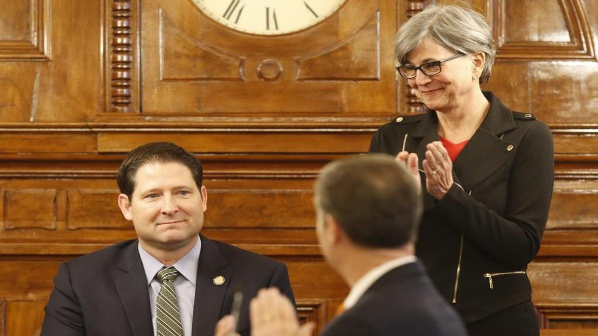 Kansas Gov. Sam Brownback and Senate President Susan Wagle recognized newly elected House Speaker Ron Ryckman (left) during Brownback’s annual State of the State address in January.