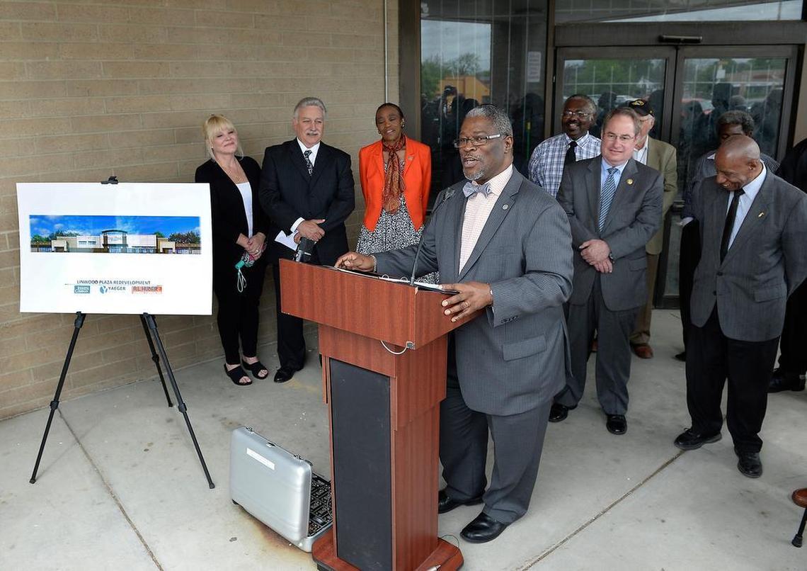 Members of the City Council and community leaders joined Kansas City Mayor Sly James in announcing redevelopment plans for the Linwood Shopping Center. The center, which the city purchased for $950,000, included a Sun Fresh grocery store.