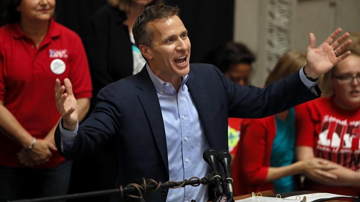 Missouri Gov. Eric Greitens addresses the crowd during an anti-abortion rally in the Statehouse in Jefferson City on Wednesday. Lawmakers were called back to special session by Gov. Greitens with the intent of modifying abortion laws in Missouri.