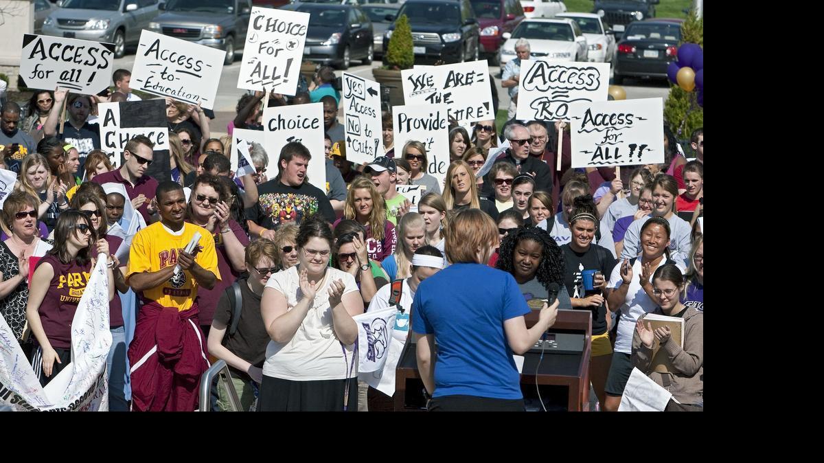 
College campus protests in Missouri, such as this one in April 2010 at Avila University in Kansas City regarding financial aid cuts, can no longer be limited to certain locations under a new law signed by Gov. Jay Nixon.
