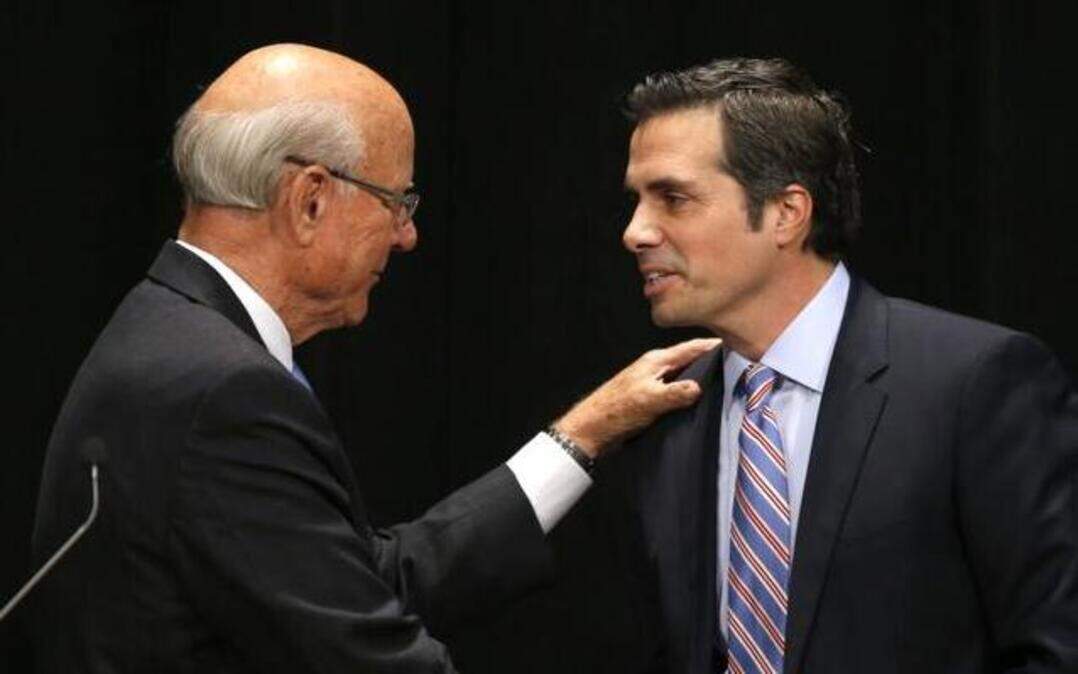 
Sen. Pat Roberts (left) greeted independent candidate Greg Orman before a debate Wednesday in Overland Park.

