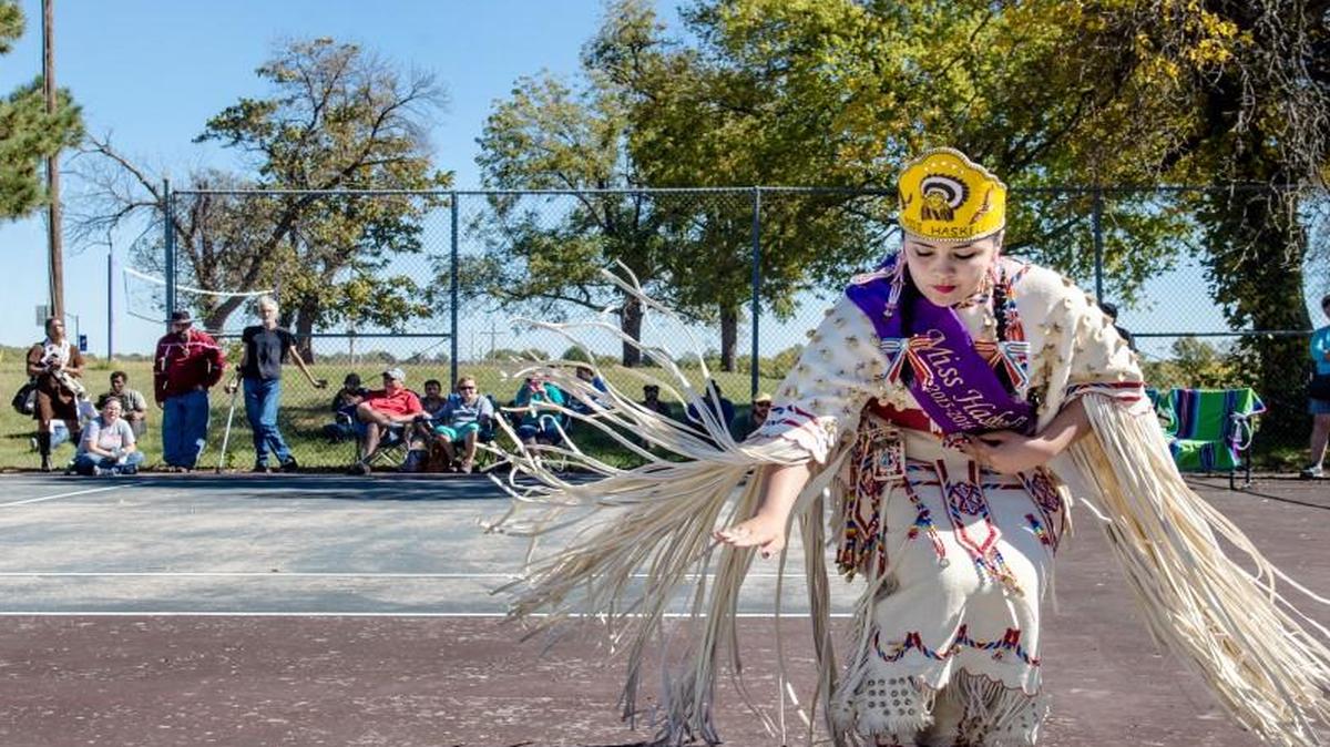
Brettnee Beartrack gave a sign language performance during a celebration Monday at Haskell Indian Nations University in Lawrence to celebrate Indigenous Peoples Day. 

