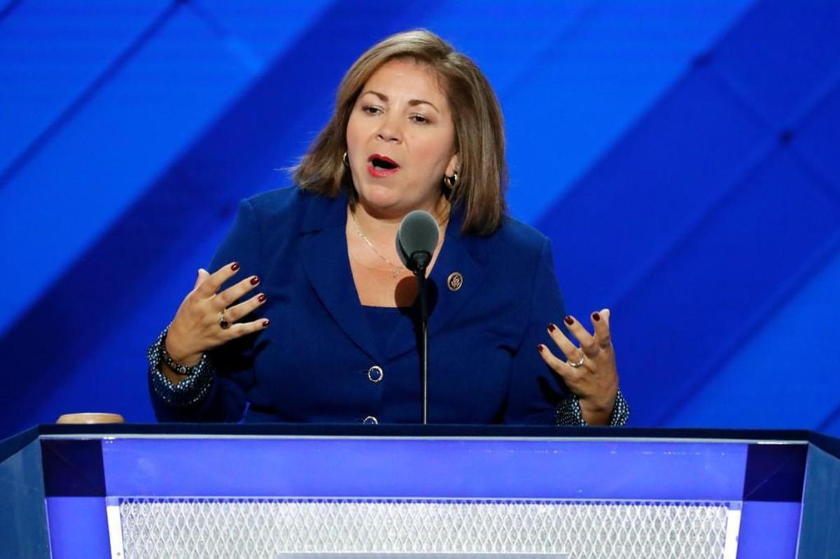 In this July 25, 2016 file photo, Rep. Linda Sanchez, D-Calif., speaks during the first day of the Democratic National Convention in Philadelphia. “When I was a very new member of Congress in my early thirties, there was a more senior member who outright propositioned me, who was married, and despite trying to laugh it off and brush it aside it would repeat. And I would avoid that member,” said Sanchez.