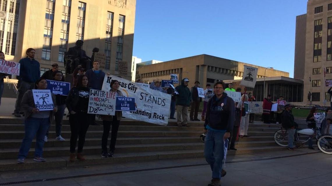 A crowd gathered Wednesday at City Hall before a committee voted on a resolution opposing a Dakota oil pipeline that the group fears could adversely affect the Missouri River.