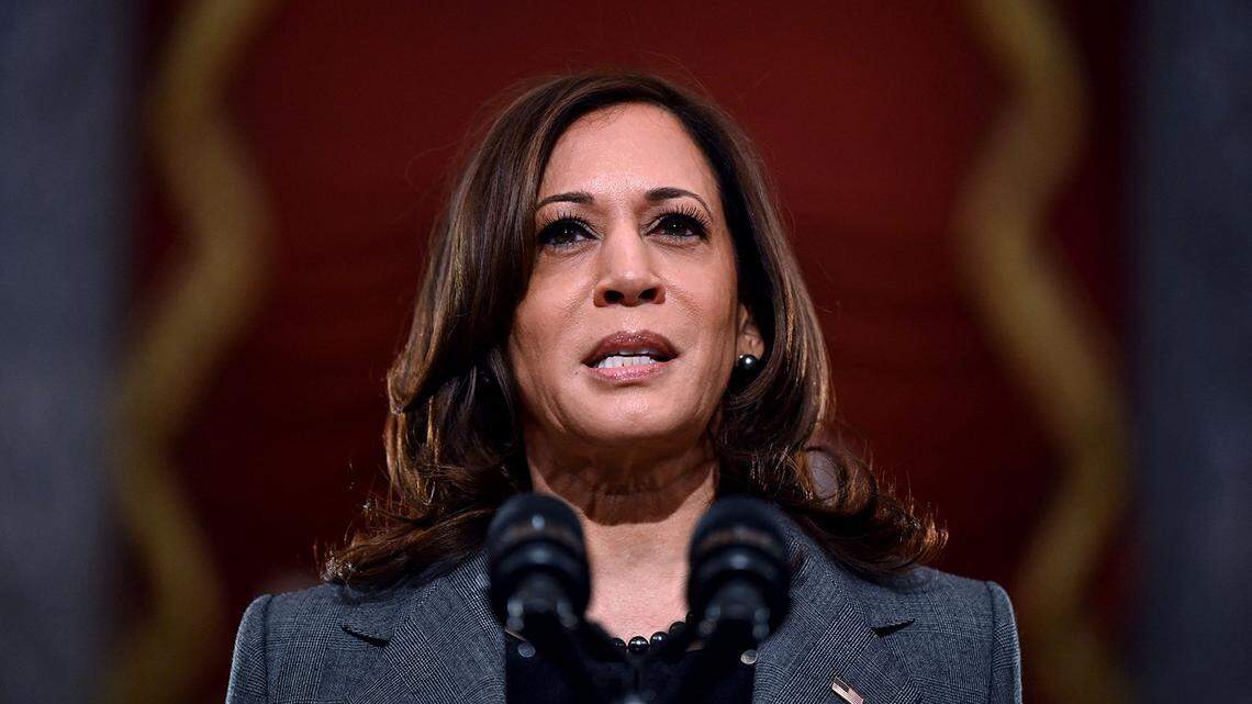 U.S. Vice President Kamala Harris speaks at the U.S. Capitol on Jan. 6, 2022, to mark the anniversary of the attack on the Capitol in Washington, D.C.