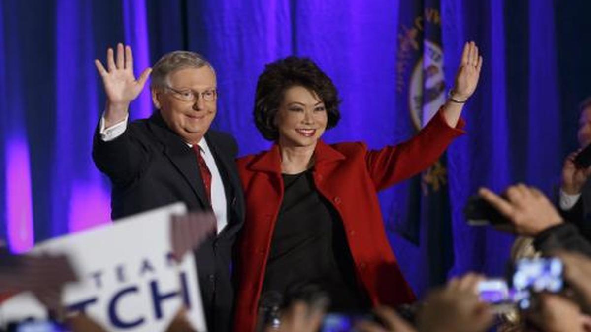 
Senate Minority Leader Mitch McConnell of Ky., joined by his wife, former Labor Secretary Elaine Chao, celebrates with his supporters at an election night party in Louisville, Ky.
