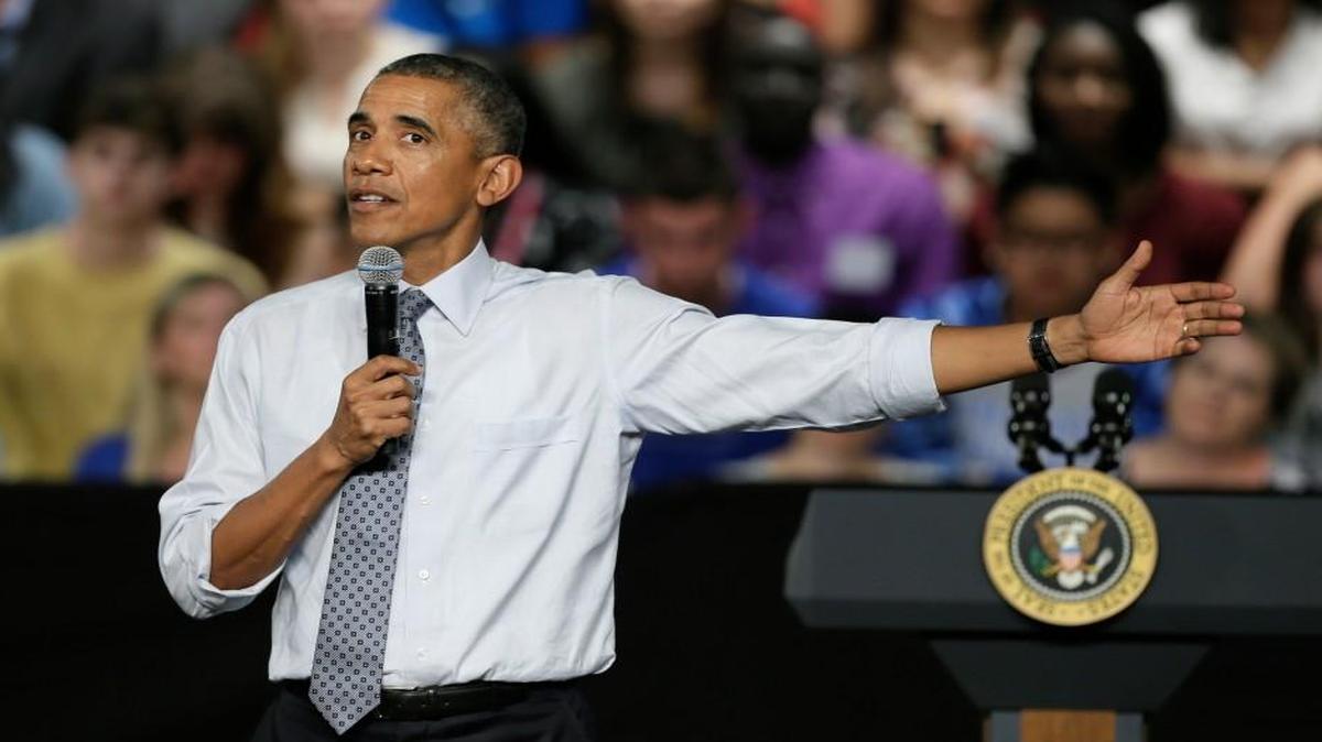 
President Barack Obama speaks during a town hall meeting Monday in Des Moines, Iowa.
