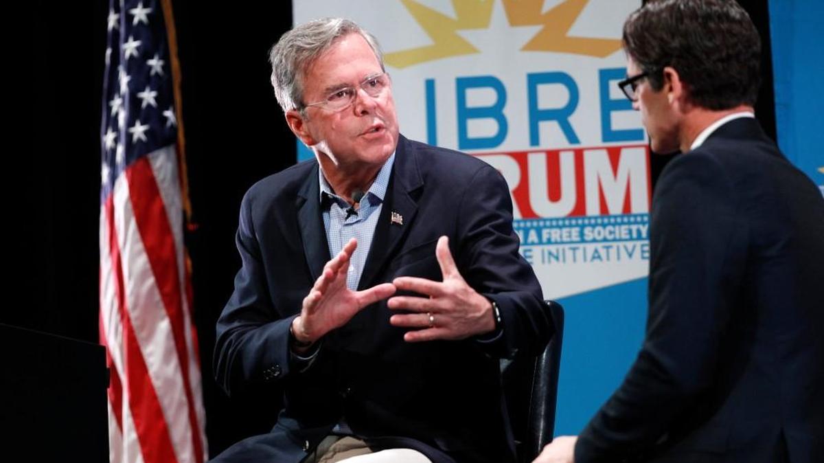 Republican presidential candidate Jeb Bush, left, speaks with Daniel Garza, executive director for The LIBRE Initiative in North Las Vegas, Nev., Wednesday