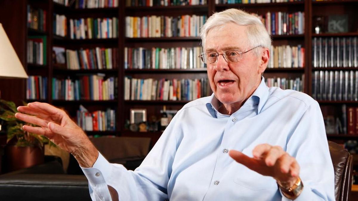 Charles Koch speaks in 2012 his office at Koch Industries in Wichita