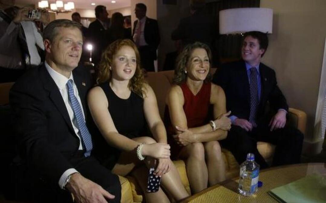 
Massachusetts Republican gubernatorial candidate Charlie Baker watched election night results with his daughter Caroline; his wife, Lauren; and son Charlie Baker V in their hotel suite on Tuesday in Boston.
