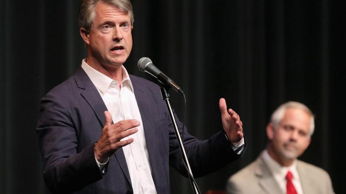 Roger Marshall answered a question during a debate in June with his Republican primary opponent, U.S. Rep. Tim Huelskamp.