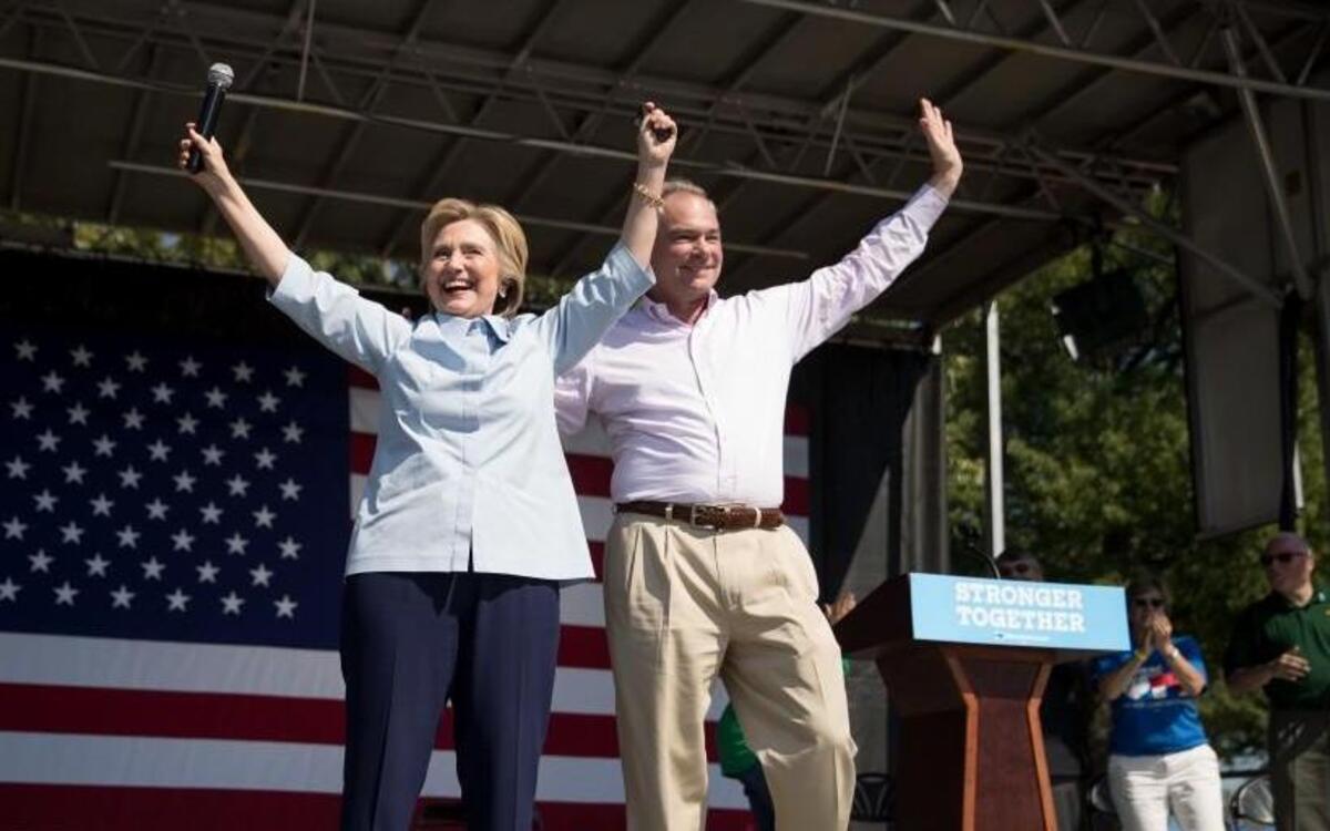 Democratic presidential candidate Hillary Clinton, with vice presidential candidate Sen. Tim Kaine, spoke at a Labor Day festival at Luke Easter Park in Cleveland.