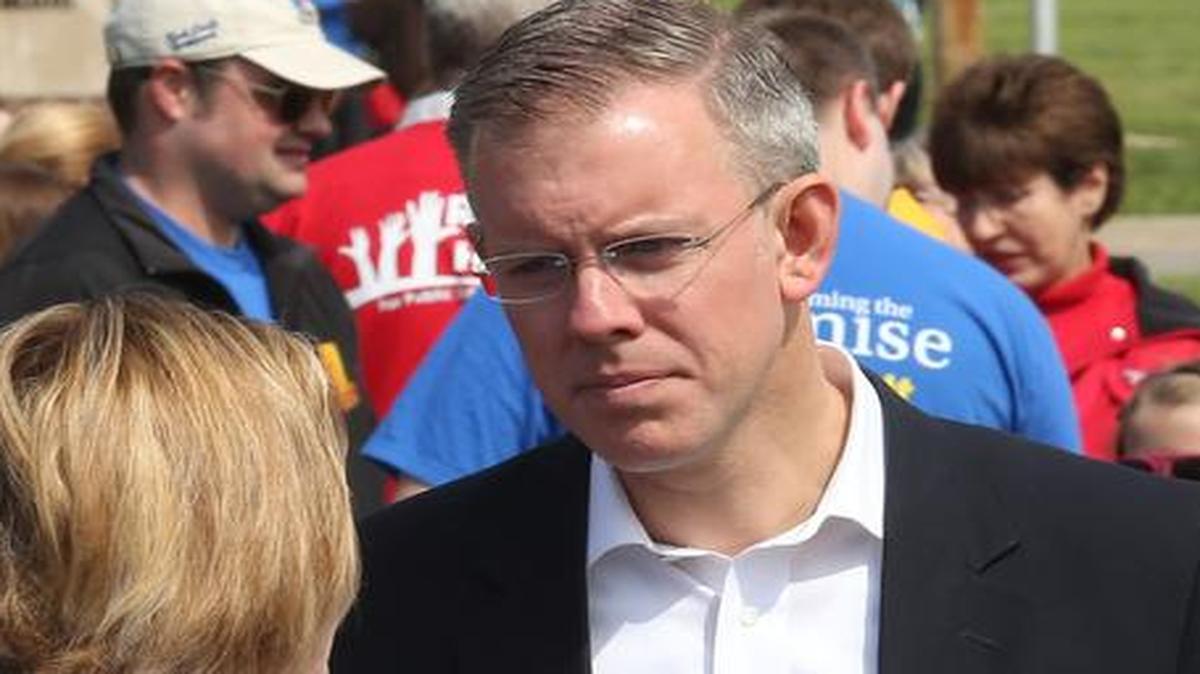 
Kansas House Minority Leader Paul Davis, Gov. Sam Brownback's Democratic gubernatorial opponent, attends a rally of educators at the statehouse in Topeka.
