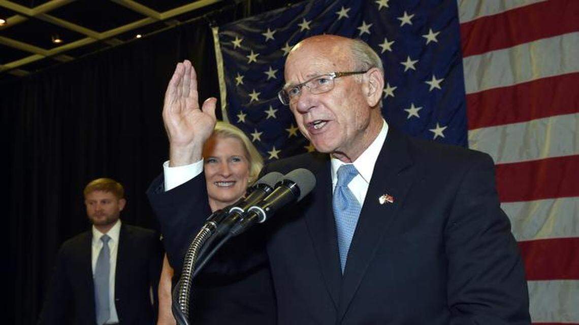 
Republican Sen. Pat Roberts spoke to supporters Tuesday night in Topeka after winning re-election over independent challenger Greg Orman. It will be Roberts’ fourth term in the Senate.
