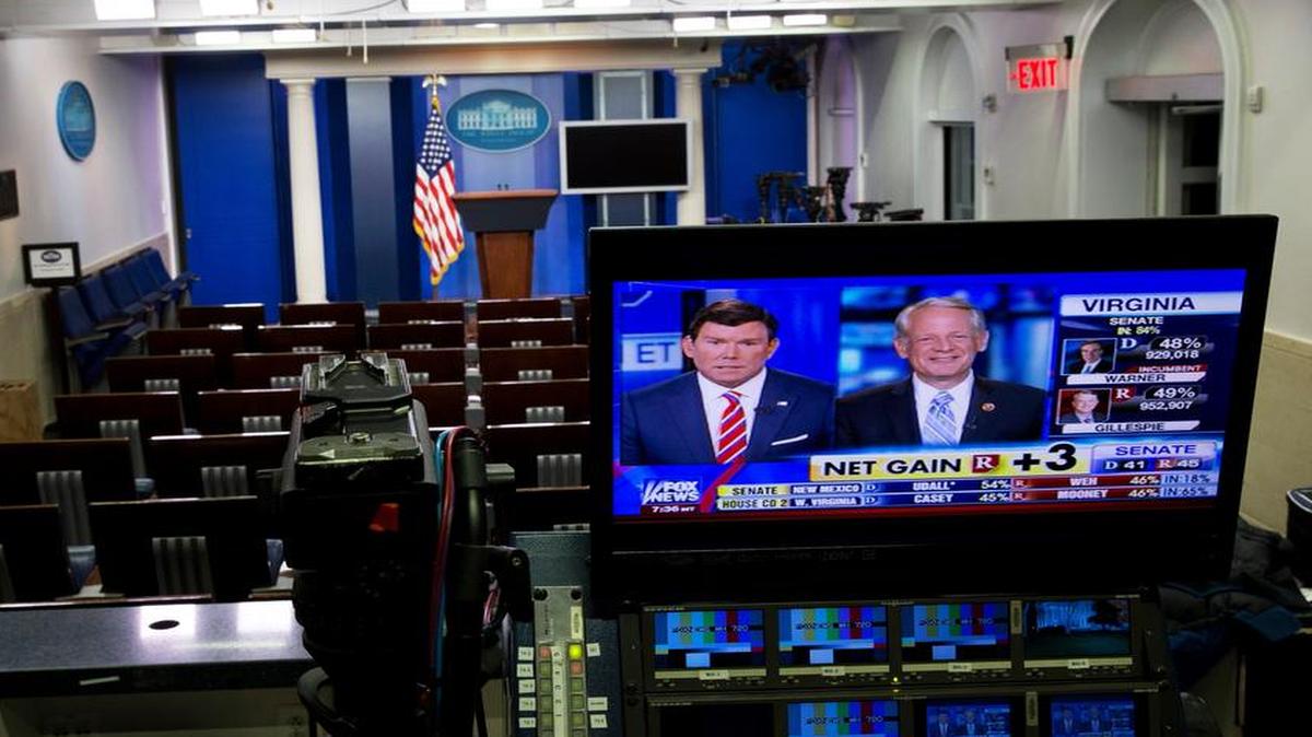 
Fox News reports Republican gains in the Senate in an empty White House briefing room as poll numbers begin to pour in on election day in Washington
