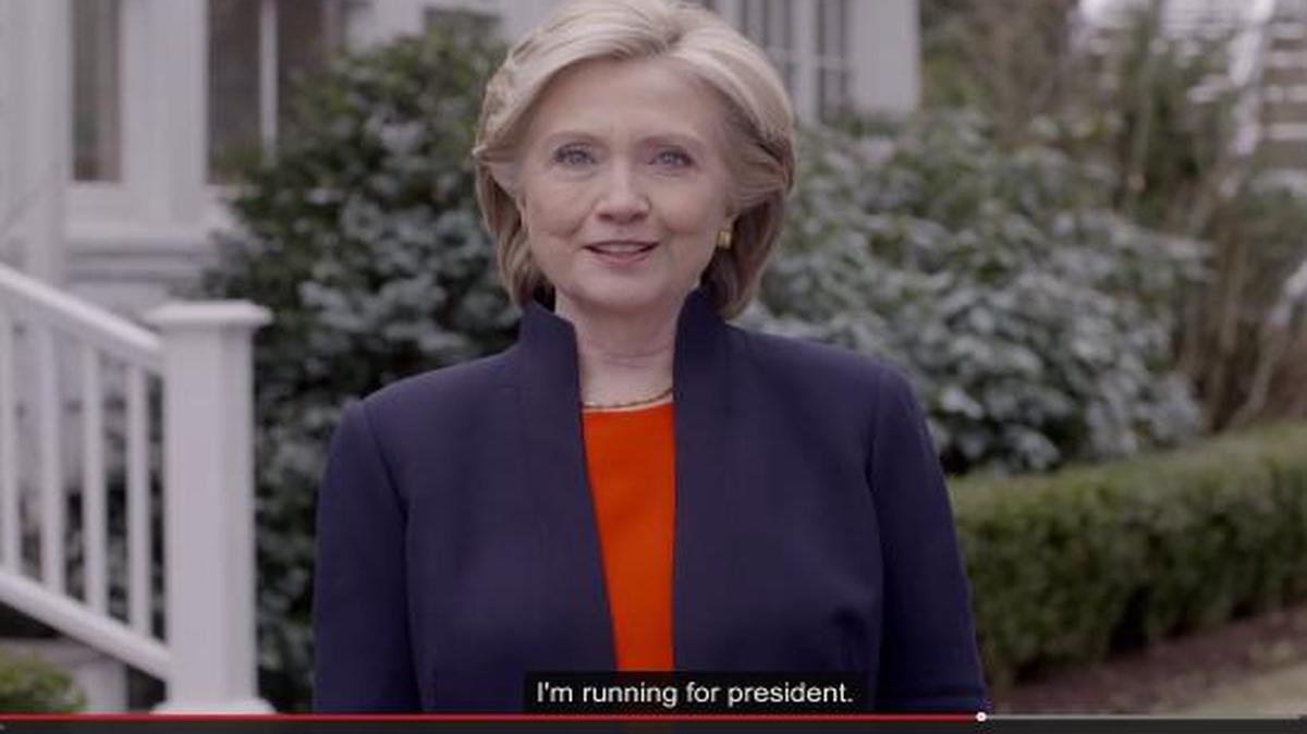 
In this image taken from video posted to hillaryclinton.com on Sunday, April 12, 2015, Hillary Rodham Clinton announces her campaign for president. 

