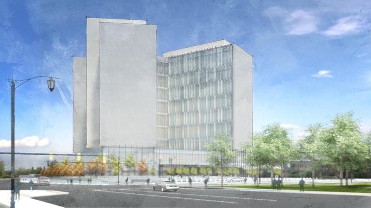 A rendering of the proposed Johnson County courthouse. Voters were asked Tuesday whether to increase the county’s sales tax rate by a quarter cent to fund the $182 million courthouse and a $20 million coroner’s facility.