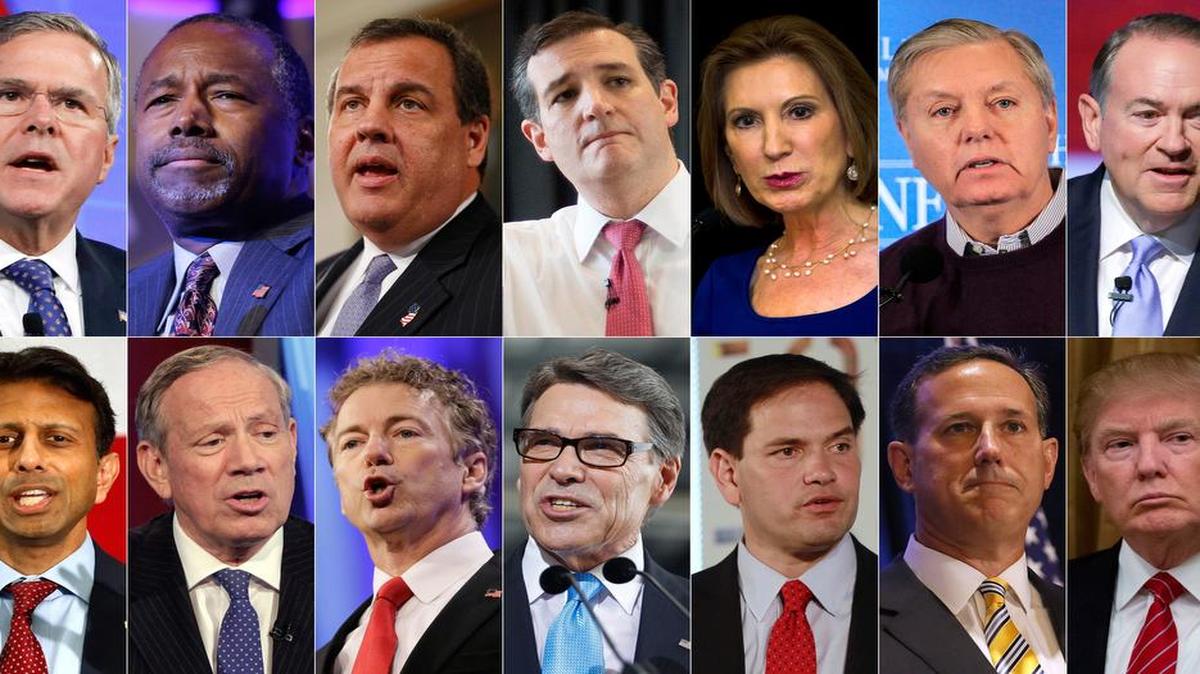 
The 2016 Republican presidential candidates: top row, from left, Former Florida Gov. Jeb Bush, retired neurosurgeon Ben Carson, New Jersey Gov. Chris Christie, Texas U.S. Sen. Ted Cruz, former Hewlett-Packard CEO Carly Fiorina, South Carolina U.S. Sen. Lindsey Graham, and former Arkansas Gov. Mike Huckabee. Bottom row, from left, Louisiana Gov. Bobby Jindal, former New York Gov. George Pataki, Kentucky U.S. Sen. Rand Paul, former Texas Gov. Rick Perry, Florida U.S. Sen. Marco Rubio, former U.S. Sen. Rick Santorum, and real estate mogul Donald Trump.
