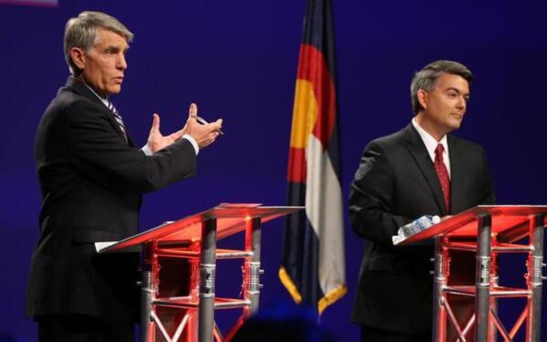 
Sen. Mark Udall, D-Colo., left, and his Republican opponent, Rep. Cory Gardner, R-Colo., face off during a televised debate in Denver
