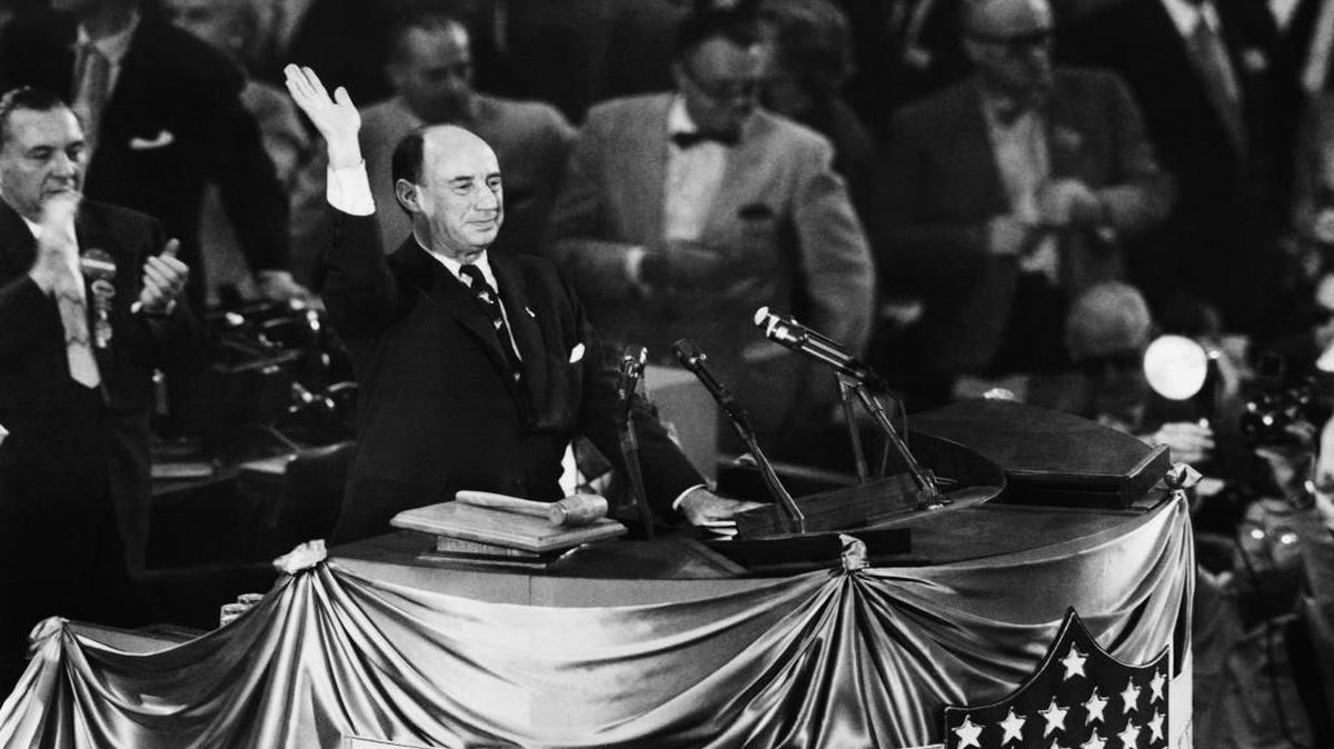 Arm upraised, Adlai Stevenson appeared before the Democratic National Convention after the party made him its presidential nominee in Chicago in 1956. He left the choice of the vice presidential running mate to the convention. The convention delegates eventually voted for Estes Kefauver.