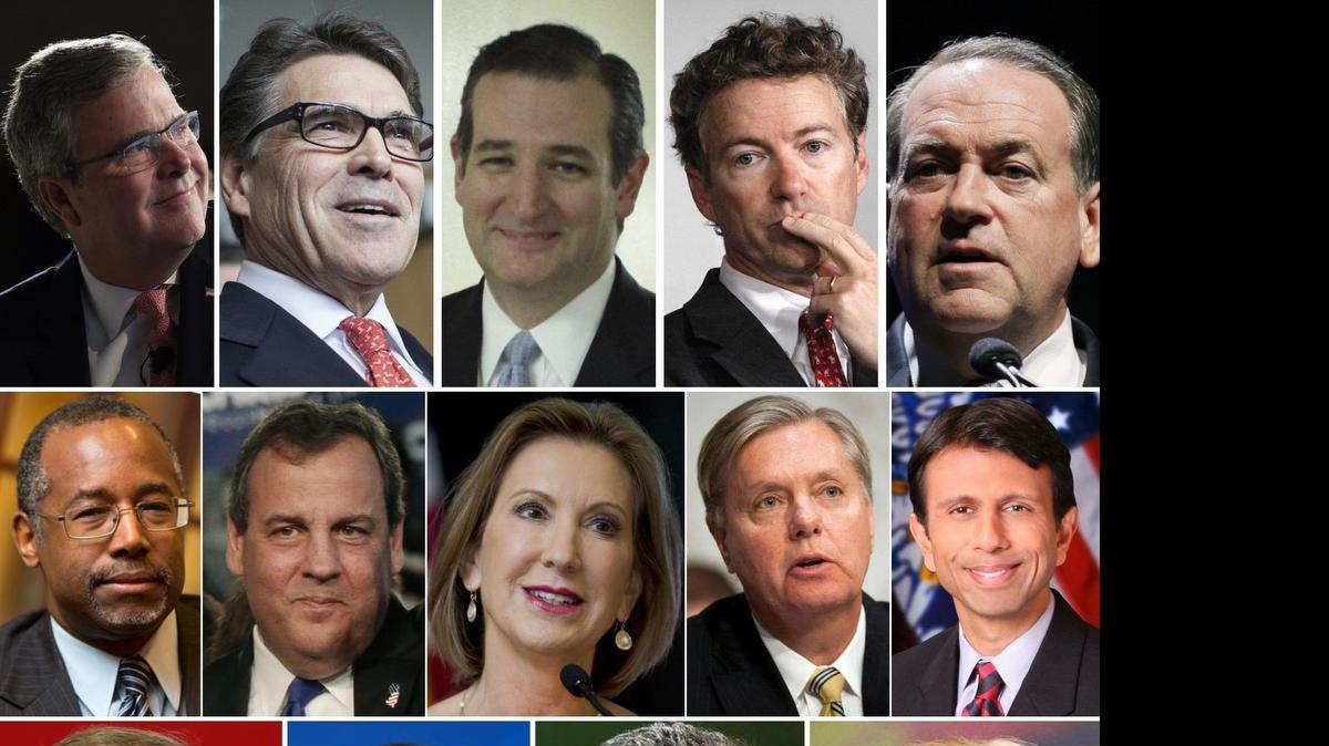 
Top row, from left: Jeb Bush, Rick Perry, Ted Cruz, Rand Paul, Mike Huckabee
Middle row, from left: Ben Carson, Chris Christie, Carly Fiorina, Lindsey Graham, Bobby Jindal
Bottom row: George Pataki, Marco Rubio, Rick Santorum, Donald Trump
