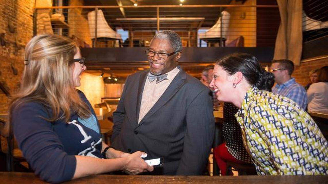 
Among those monitoring Kansas City election returns Tuesday evening at Barrel 31 were Mayor Sly James, Mayor Pro Tem Cindy Circo (left) and Joni Wickham, James’ chief of staff.
