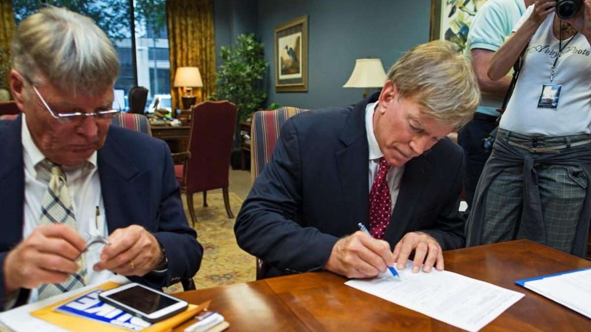 Former Ku Klux Klan leader David Duke registers his candidacy for the Nov. 8 ballot as a Republican at the Louisiana Secretary of State’s office in Baton Rouge, Louisiana on Friday.