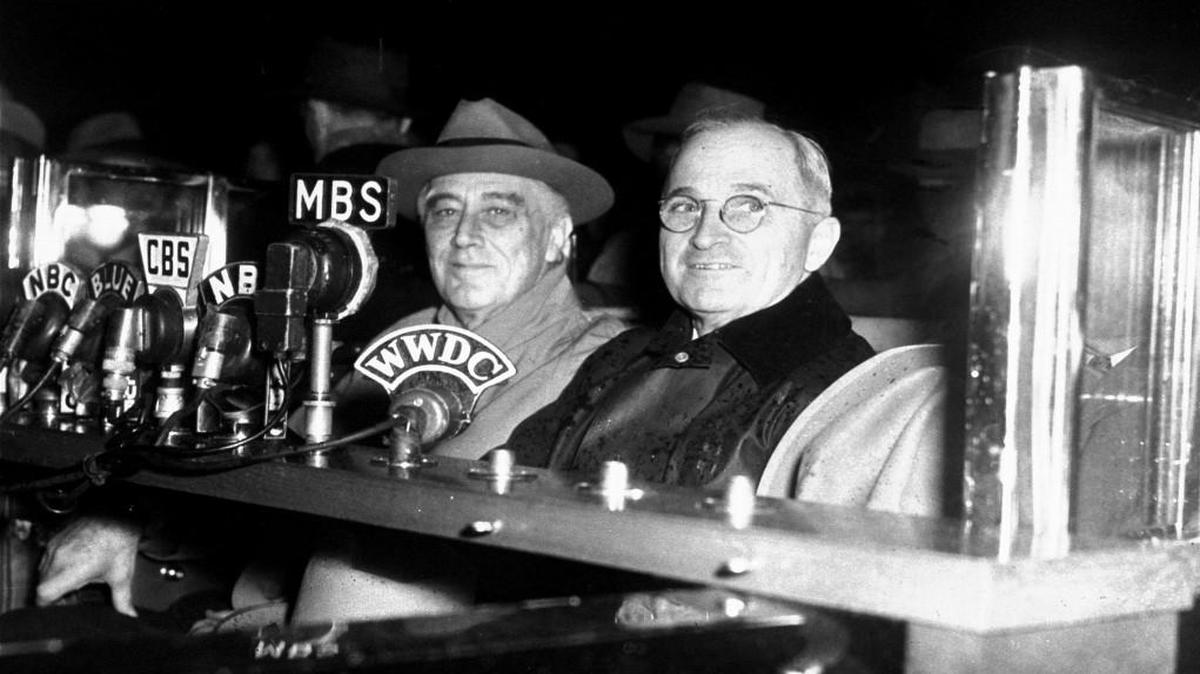 President Franklin D. Roosevelt and vice presidential running mate Harry S. Truman went out on the campaign trail for Roosevelt’s unprecedented fourth term in 1944.
