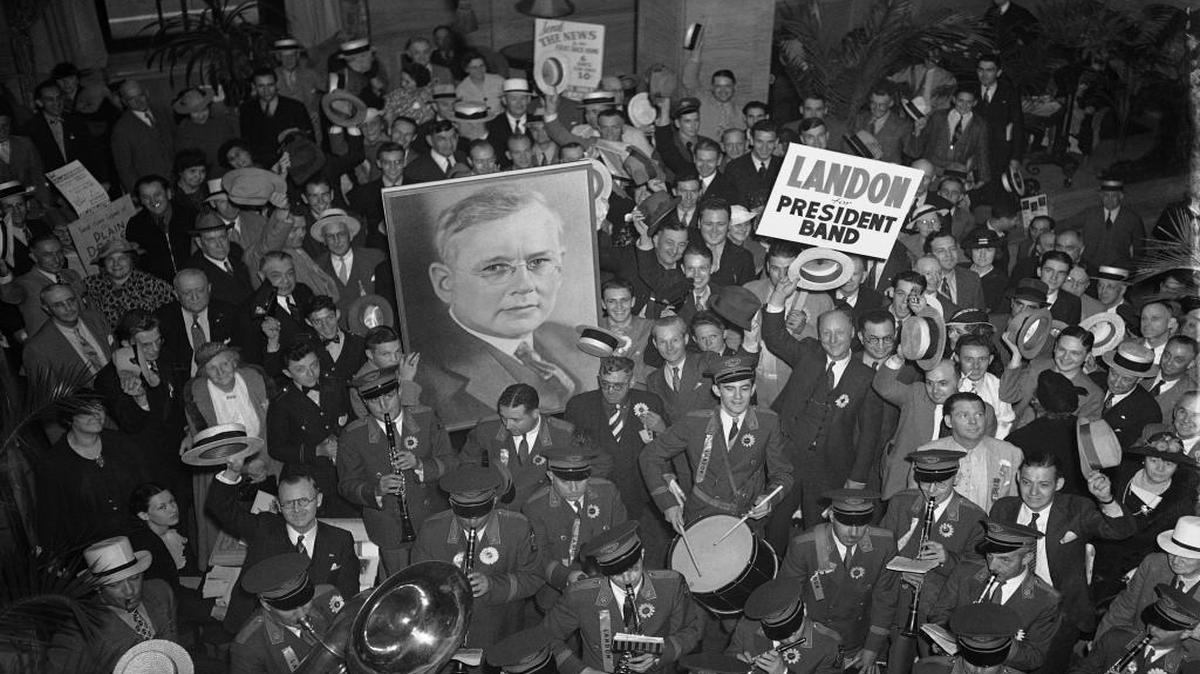 At the height of demonstrations for Gov. Alf Landon of Kansas, a Landon band leads delegates and a big picture of the candidate through the lobby of the Cleveland Hotel.