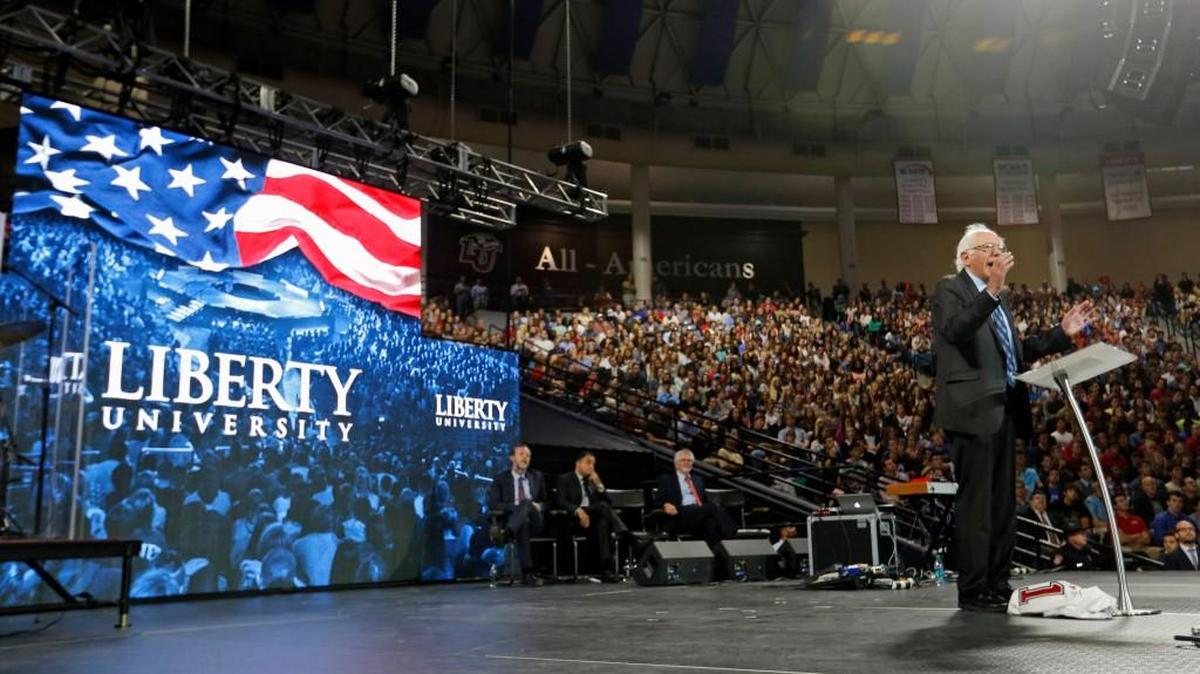 
Democratic presidential candidate Sen. Bernie Sanders gives a speech at Liberty University in Lynchburg, Va., Monday.
