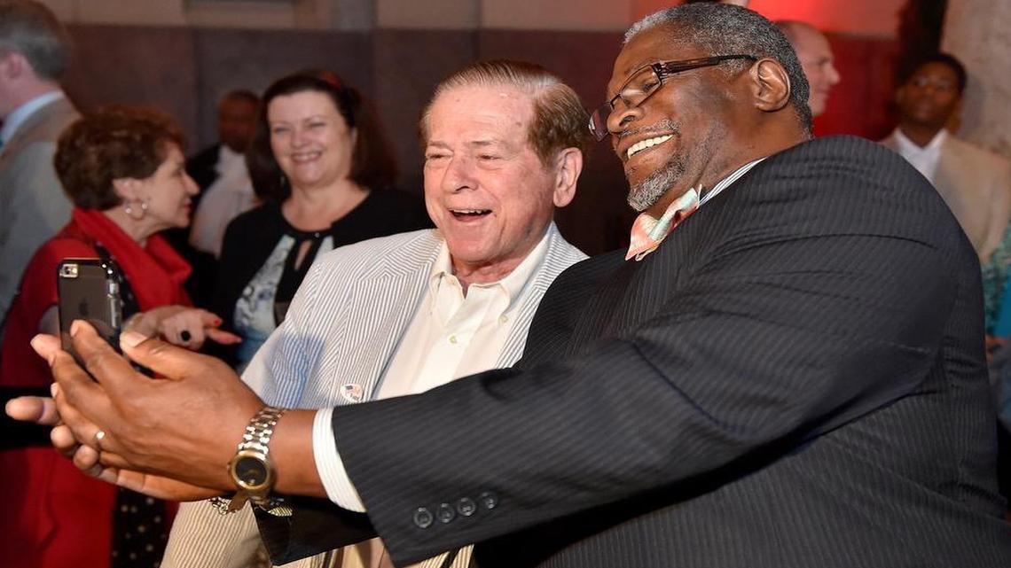 
Kansas City Mayor Sly James sailed to an easy victory against opponent Vincent “General” Lee in Tuesday’s general election. After James spoke at Union Station, former Mayor Richard L. Berkley (let )congratulated James on his victory. James then posed for a selfie with Berkley. 
