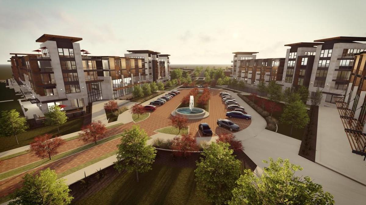 The central entry courtyard of the proposed development at 115th and Nall.