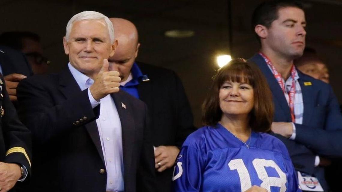 Vice President Mike Pence reacted to fans before the game between the Indianapolis Colts and the San Francisco 49ers on Sunday in Indianapolis.